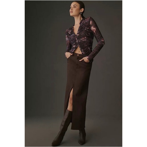 Pilcro Anthropologie Ruched Mesh Floral Print Button Down Top Purple Size Small - Picture 3 of 12